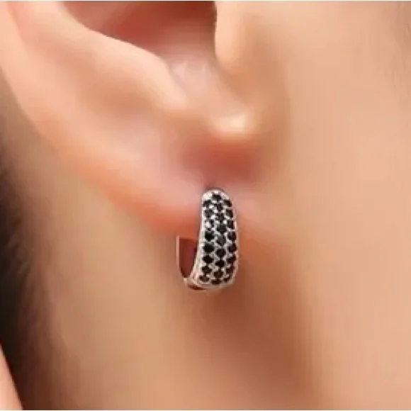 925 Sterling Silver Black Zircon Hoop Earrings 🌟Reward item - Picture 2 of 3